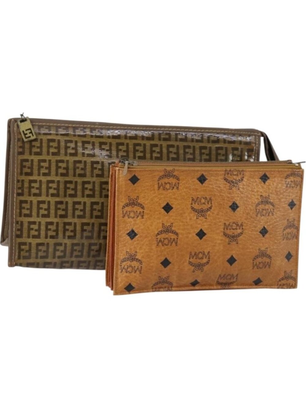 FENDI MCM Zucchino Canvas Vicetos Logogram Bag PVC 2 Set Brown Beige
